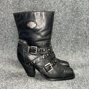Harley Davidson Obsession Heeled Boots Women's Sz 6.5 Black Leather Studded Moto